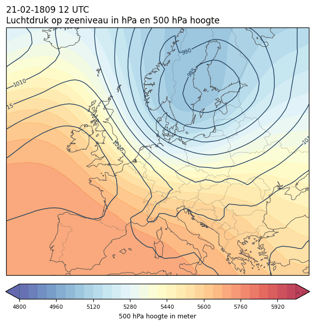 Weerkaart van 21 februari 1809 om 12 UTC