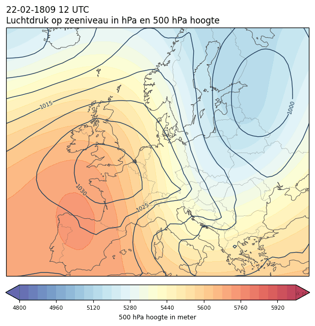 Weerkaart van 22 februari 1809 om 12 UTC