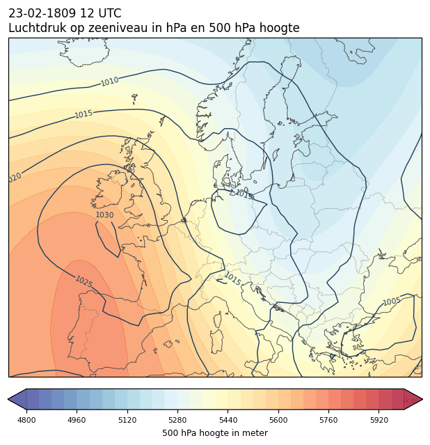 Weerkaart van 23 februari 1809 om 12 UTC