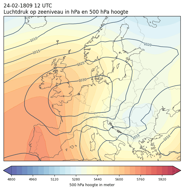 Weerkaart van 24 februari 1809 om 12 UTC