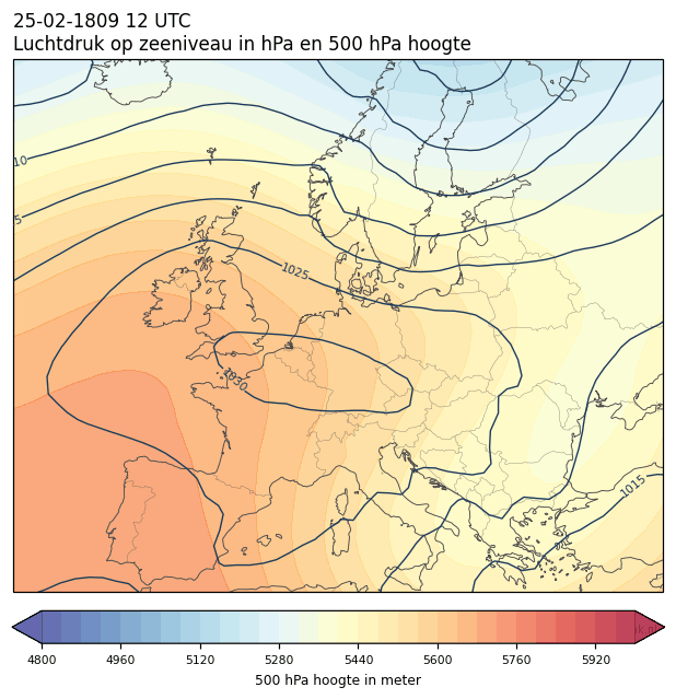 Weerkaart van 25 februari 1809 om 12 UTC