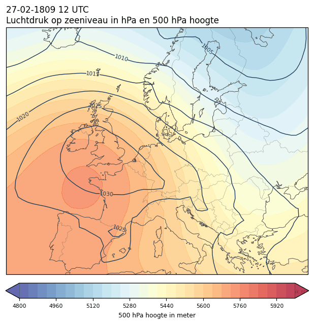 Weerkaart van 27 februari 1809 om 12 UTC