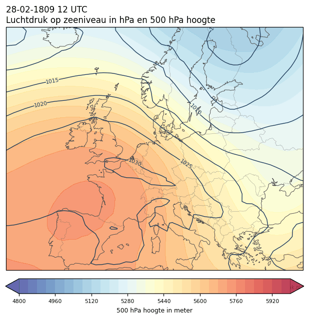 Weerkaart van 28 februari 1809 om 12 UTC