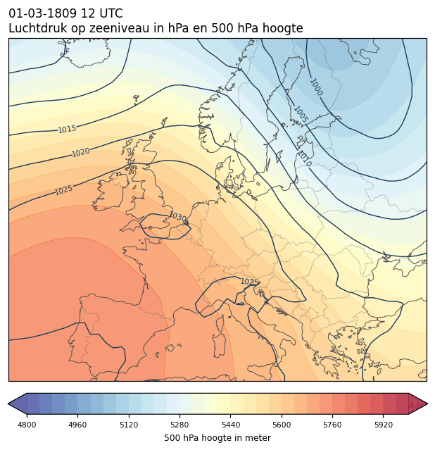 Weerkaart van 1 maart 1809 om 12 UTC
