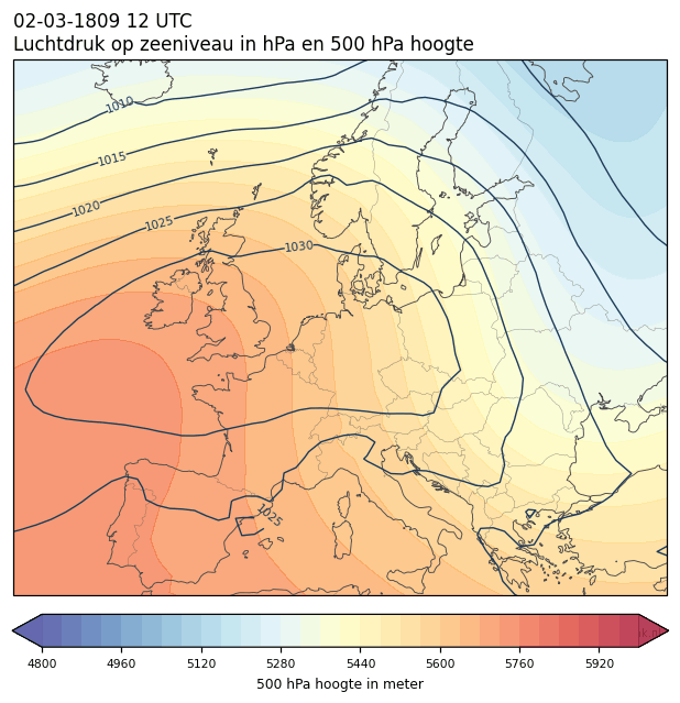 Weerkaart van 2 maart 1809 om 12 UTC