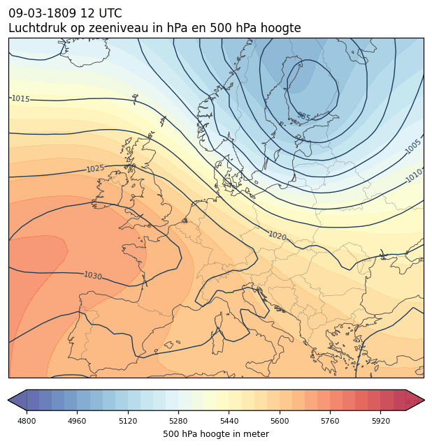 Weerkaart van 9 maart 1809 om 12 UTC