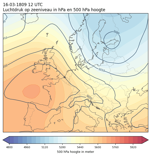 Weerkaart van 16 maart 1809 om 12 UTC