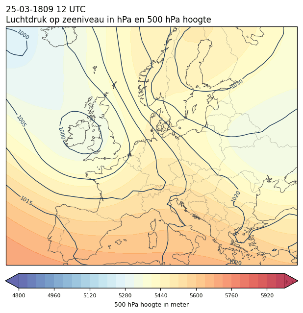 Weerkaart van 25 maart 1809 om 12 UTC