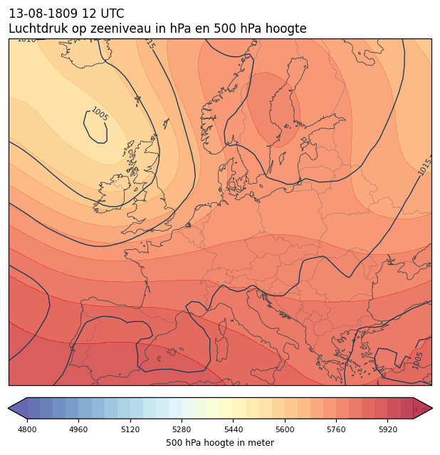 Weerkaart van 13 augustus 1809 om 12 UTC