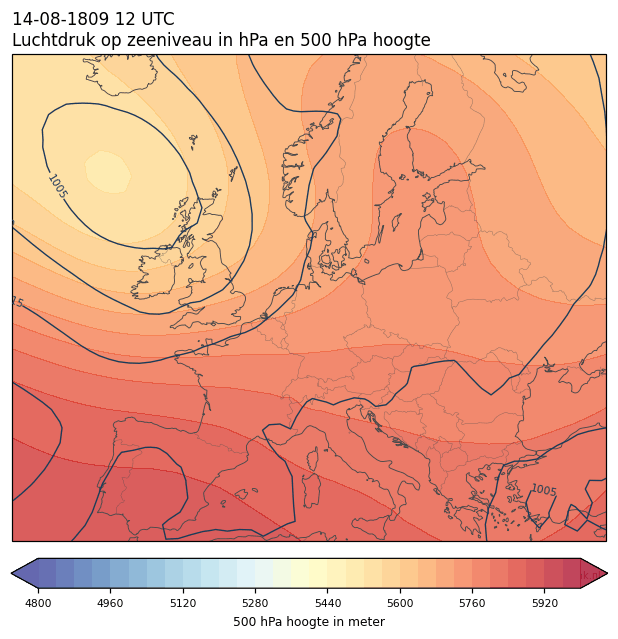 Weerkaart van 14 augustus 1809 om 12 UTC