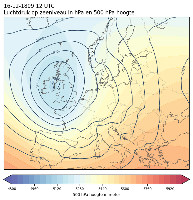 Weerkaart van 16 december 1809 om 12 UTC