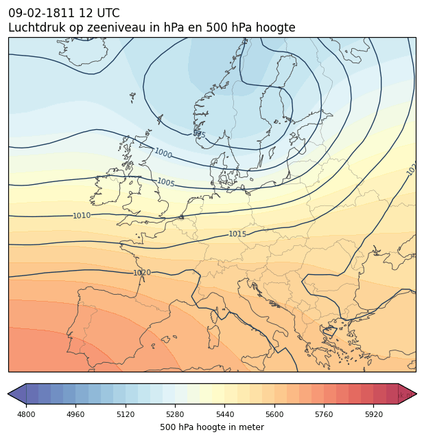 Weerkaart van 9 februari 1811 om 12 UTC
