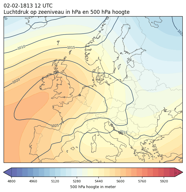Weerkaart van 2 februari 1813 om 12 UTC