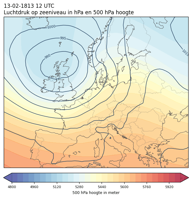 Weerkaart van 13 februari 1813 om 12 UTC