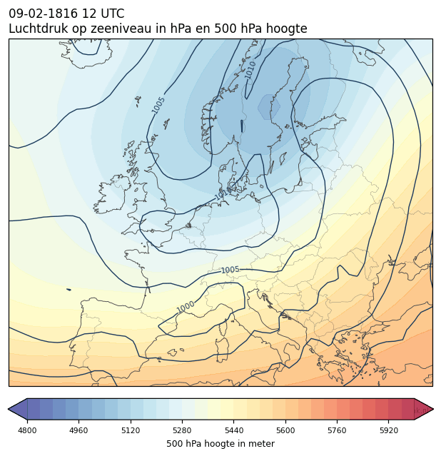 Weerkaart van 9 februari 1816 om 12 UTC