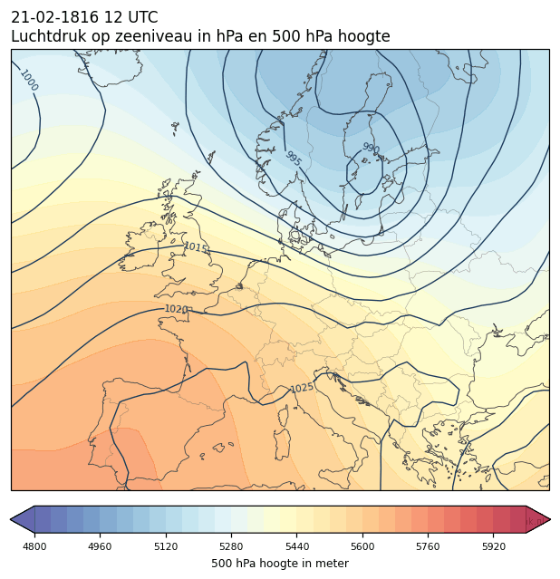 Weerkaart van 21 februari 1816 om 12 UTC