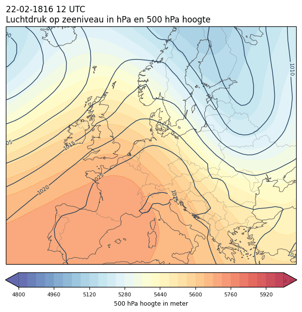 Weerkaart van 22 februari 1816 om 12 UTC