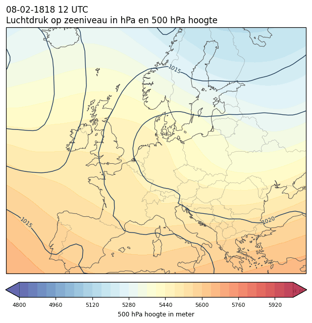 Weerkaart van 8 februari 1818 om 12 UTC