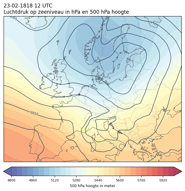 Weerkaart van 23 februari 1818 om 12 UTC