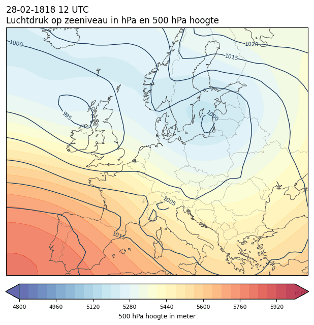 Weerkaart van 28 februari 1818 om 12 UTC