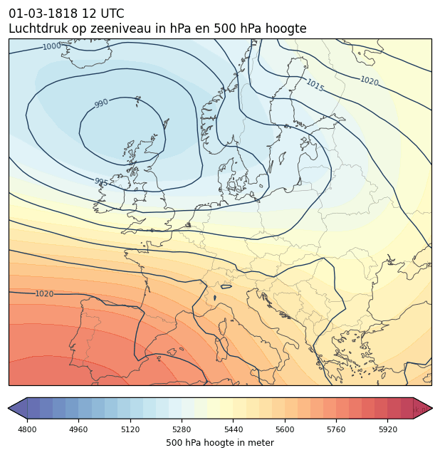 Weerkaart van 1 maart 1818 om 12 UTC