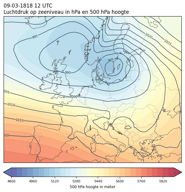 Weerkaart van 9 maart 1818 om 12 UTC