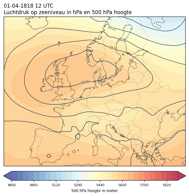 Weerkaart van 1 april 1818 om 12 UTC