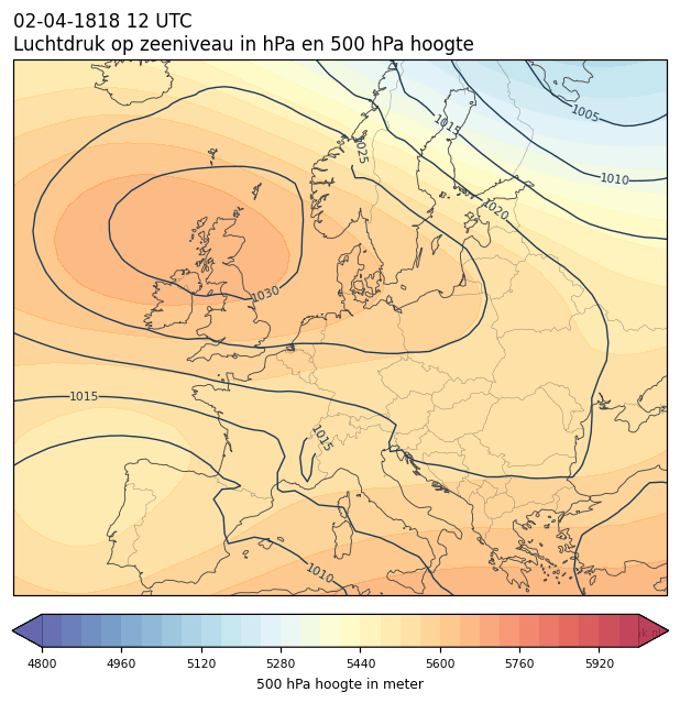 Weerkaart van 2 april 1818 om 12 UTC