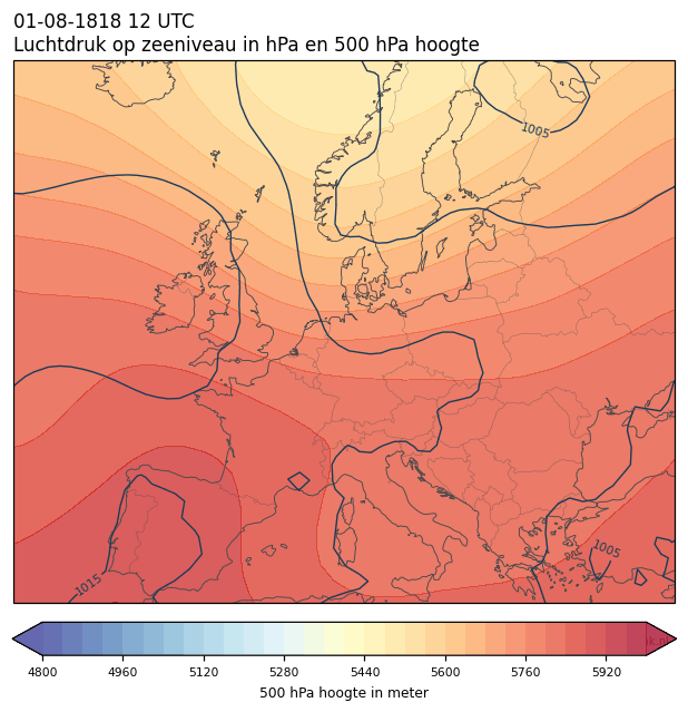 Weerkaart van 1 augustus 1818 om 12 UTC