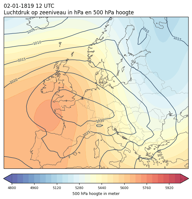 Weerkaart van 2 januari 1819 om 12 UTC