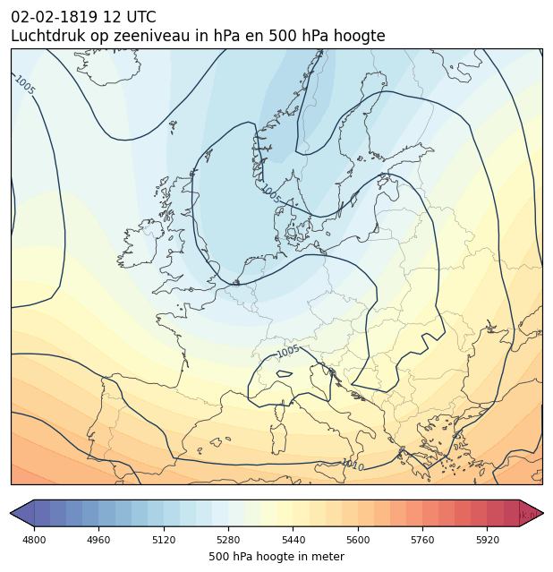 Weerkaart van 2 februari 1819 om 12 UTC