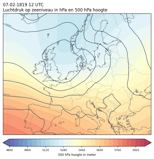 Weerkaart van 7 februari 1819 om 12 UTC