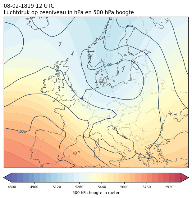 Weerkaart van 8 februari 1819 om 12 UTC