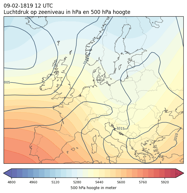Weerkaart van 9 februari 1819 om 12 UTC