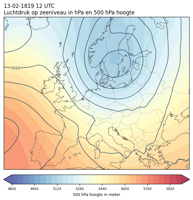 Weerkaart van 13 februari 1819 om 12 UTC