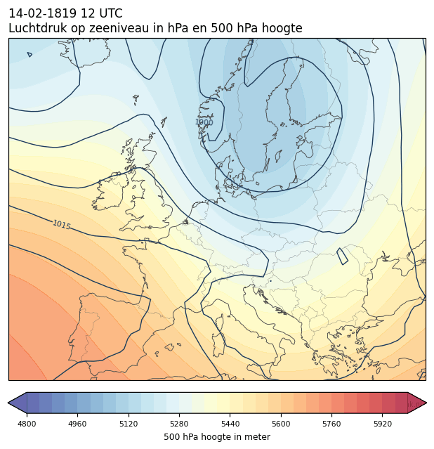 Weerkaart van 14 februari 1819 om 12 UTC