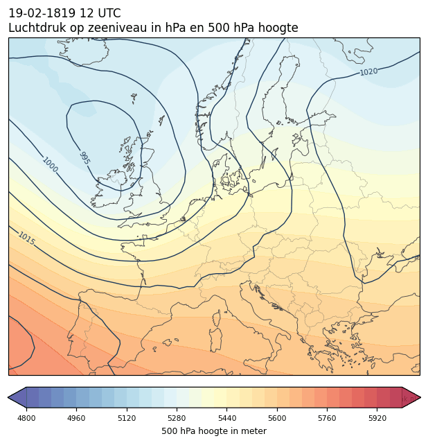 Weerkaart van 19 februari 1819 om 12 UTC