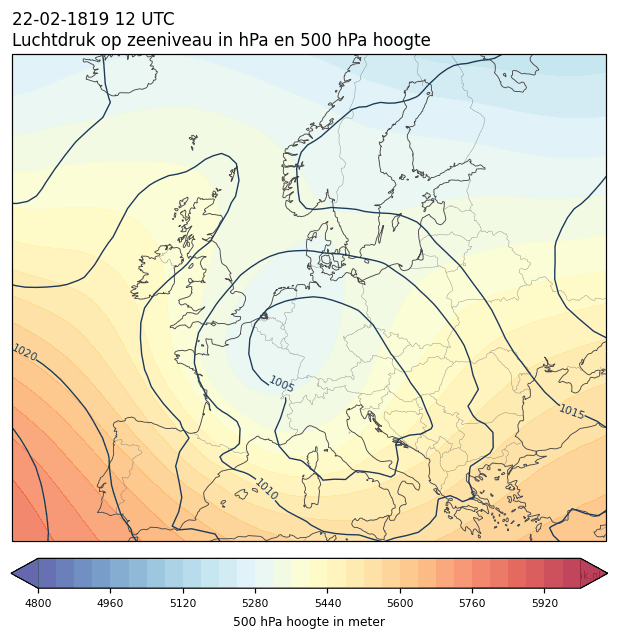 Weerkaart van 22 februari 1819 om 12 UTC