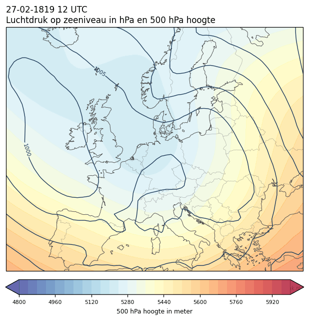 Weerkaart van 27 februari 1819 om 12 UTC