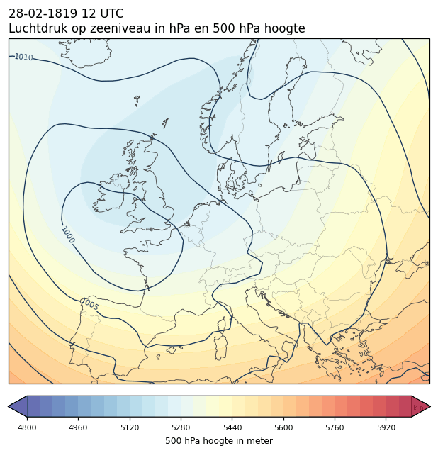 Weerkaart van 28 februari 1819 om 12 UTC