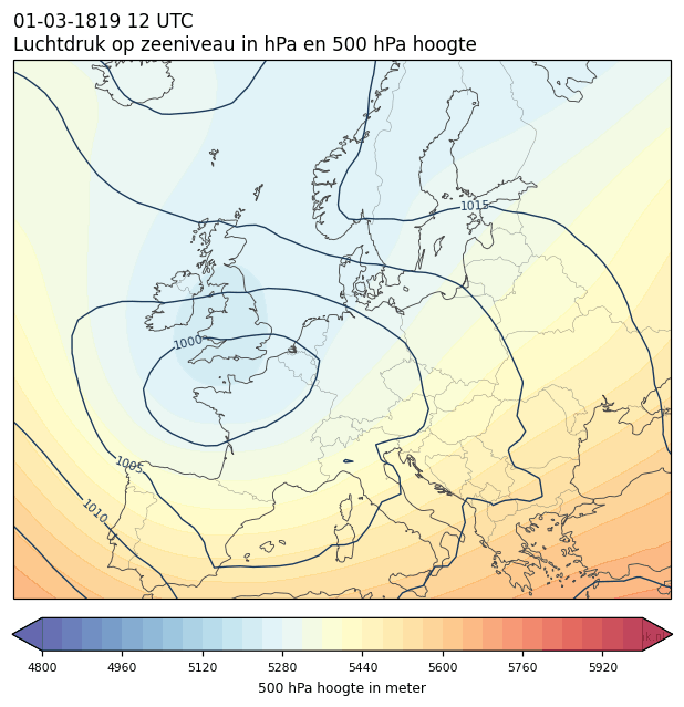 Weerkaart van 1 maart 1819 om 12 UTC