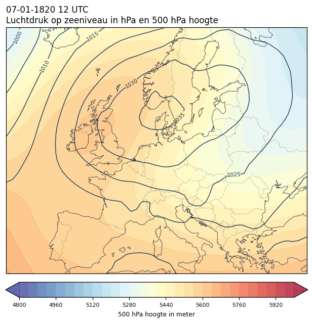 Weerkaart van 7 januari 1820 om 12 UTC