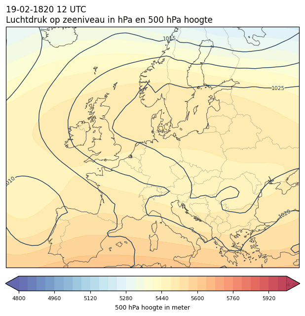 Weerkaart van 19 februari 1820 om 12 UTC