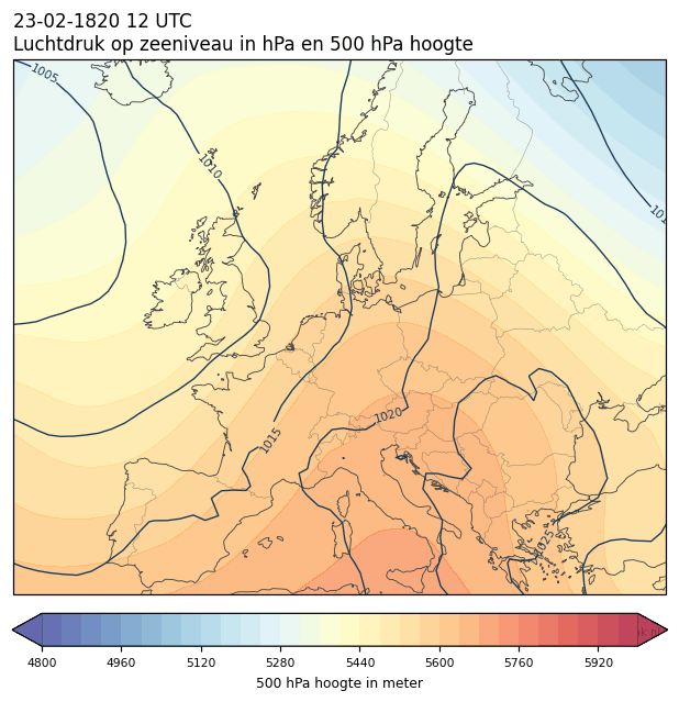 Weerkaart van 23 februari 1820 om 12 UTC