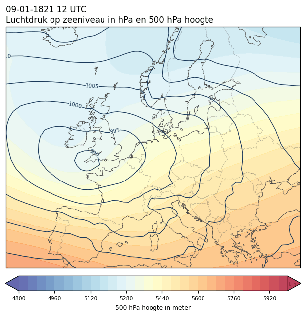 Weerkaart van 9 januari 1821 om 12 UTC