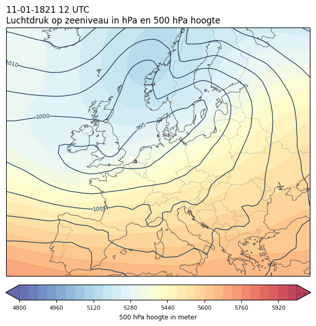 Weerkaart van 11 januari 1821 om 12 UTC