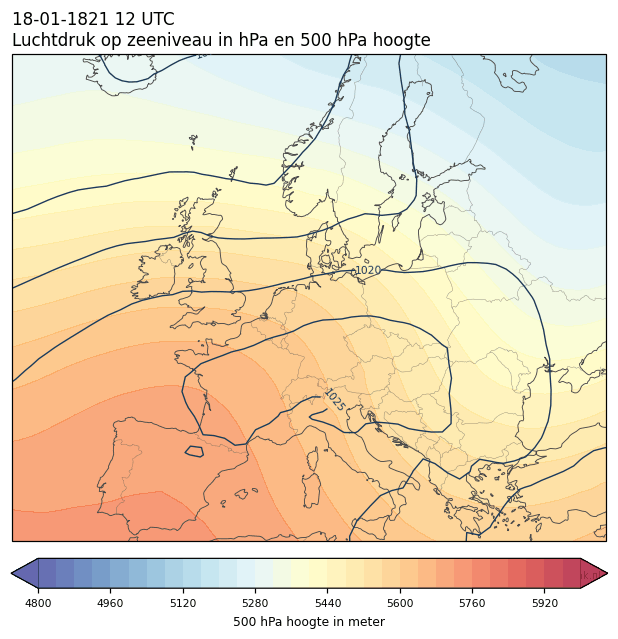 Weerkaart van 18 januari 1821 om 12 UTC