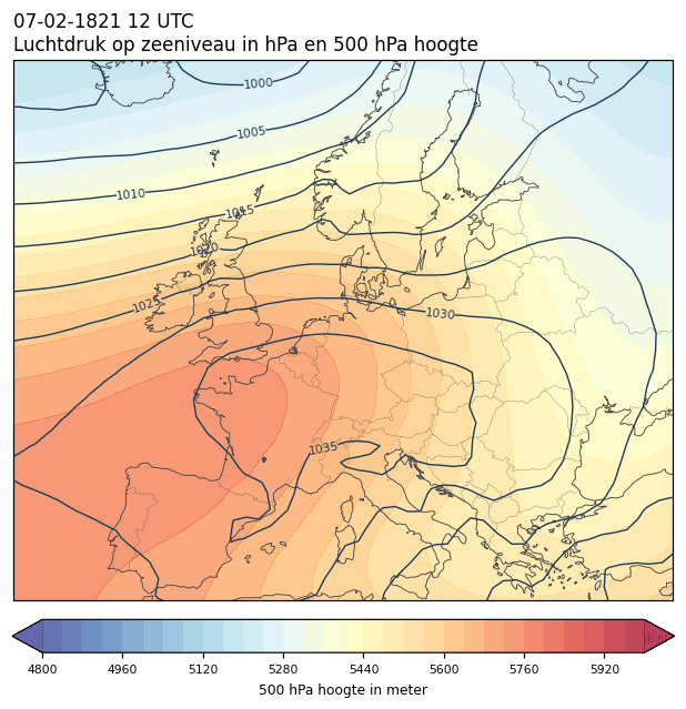 Weerkaart van 7 februari 1821 om 12 UTC