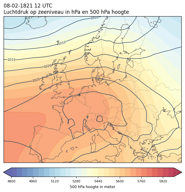 Weerkaart van 8 februari 1821 om 12 UTC