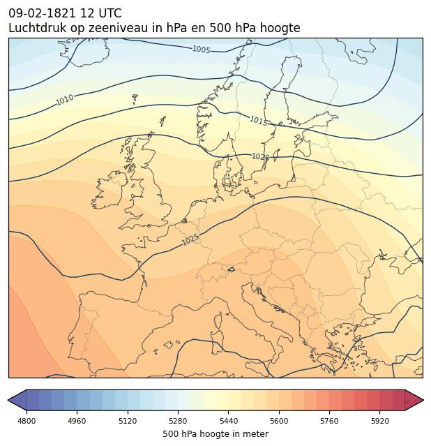 Weerkaart van 9 februari 1821 om 12 UTC